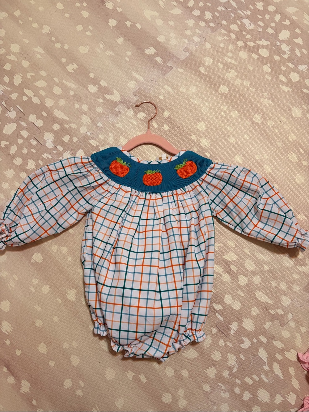 Smocked Pumpkin Plaid Baby Costume Romper - Blue & Orange
